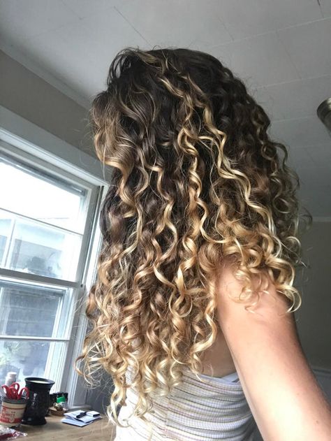 Blonde Ends Curly Hair, Lowlights Curly Brown Hair, Wavy Perm Medium Hair, Blonde Balayage On Dark Curly Hair, Curly Hair Blonde Highlights, Carmel Brown Hair, Curly Balayage Hair, Blonde Highlights Curly Hair, Stylish Hair Colors