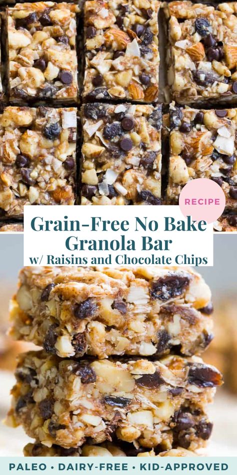 Chewy, crunchy, sweet and salty, these grain free and paleo no bake granola bars are going to become your favorite with the first bite! They’re loaded with raisins and mini chocolate chips, coconut flakes and nuts, sweetened with raw honey and packed with healthy fats. Kid approved, gluten-free, dairy-free, grain free and addicting! 0 Point Cheesecake, Keto Peanut Brittle, Dairy Free Granola Bars, Grain Free Granola Bars, Bake Granola Bars, Gluten Free Granola Bars, Vegan Granola Bars, No Bake Granola, Pecan Halves