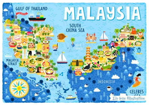 Malaysia Map Illustration, Food Map Illustration, Malaysia Illustration, Map Of Malaysia, Poster Malaysia, Malaysia Map, Map Art Illustration, Hong Kong Map, Riau Islands