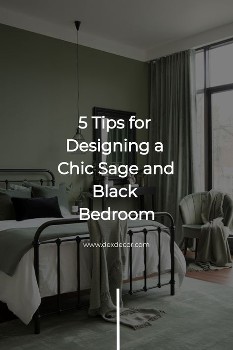 Chic bedroom with sage and black decor, featuring a metal bed and large window. Sage Green Bedroom Black Bed, Sage Green White And Black Bedroom, Black And White Bedroom Ideas With Green, Sage Green Gothic Aesthetic, Black White And Sage Green Bedroom, Green And Black Bedroom Decor, Sage And Black Bedroom, Black And Sage Green Bedroom, Sage Green And Black Bedroom