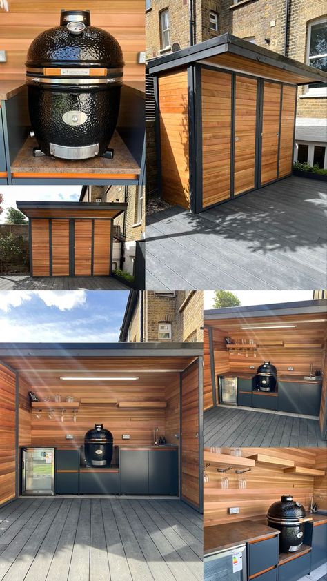 Looking for outdoor kitchen ideas or outdoor kitchen inspiration? Check out this bi-fold door outdoor kitchen!🤩 This sheltered outdoor kitchen features a Monolith Kamado BBQ, a fridge, a sink and tap, a wine glass holder and lots of storage! This bi fold shelter means that this client can not only use their outdoor BBQ kitchen all year, but it'll also help keep it clean when not in use! For more garden kitchen ideas head to our feed, or contact us for more information on our outdoor kitchens 📲 Outdoor Kitchen Canopy, Hidden Bbq Outdoor Kitchens, Outh Door Kitchens, Free Standing Bbq Area, Uk Outdoor Kitchen, Oak Frame Outdoor Kitchen, Diy Outdoor Kitchens, Bbq Shelter Ideas, Wwoo Outdoor Kitchen