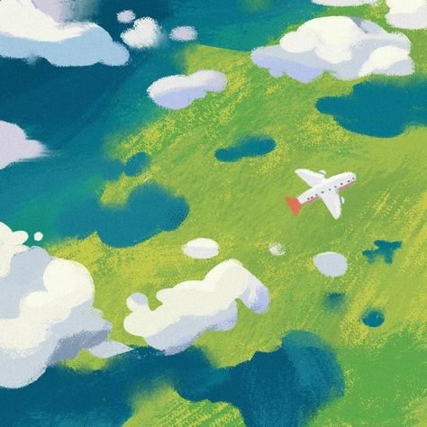 Lineless Illustration, Airplane Clouds, Lineless Art, Study Illustration, Photo Study, Landscape Illustration, Tempera, Children's Book Illustration, Book Illustration