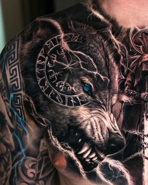 Viking Chest Tattoo, Viking Wolf Tattoo Design, Wolf Chest Tattoo, Viking Animals, Chest Tattoo Wolf, Grey Wolf Tattoo, Viking Tattoos For Men, Dragon Tattoo Chest, Fenrir Tattoo