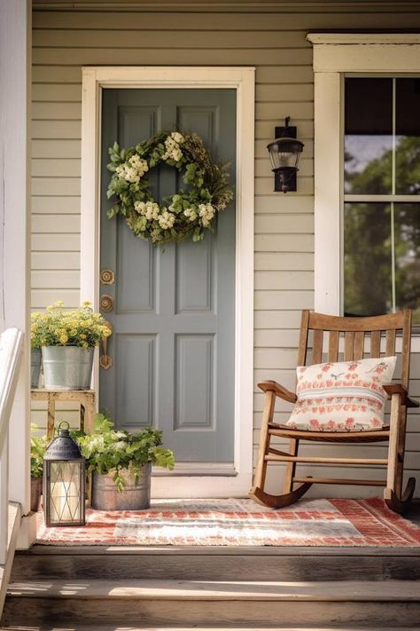 40+ Farmhouse Front Porch Ideas for Every Style and Season Asymmetrical Front Porch, Small Front Door Entryway Ideas, Vintage Front Porch Ideas, Front Door Entryway Ideas Exterior, Create A Front Porch, Tiny Front Porch Ideas, Diy Bedroom Wall, Front Door Porch Decor, Front Porch Ideas Uk