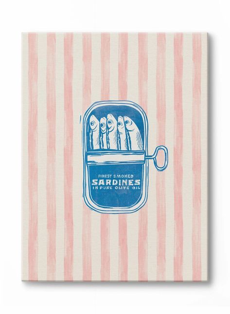 This illustrated canvas features a blue can of sardines layered over a striped pink and white background. Find more ocean and nautical canvases online at Opposite Wall. Can Of Sardines, Wall Charm, Pink And White Background, Unique Gallery Wall, Ocean Canvas, Pink Posters, Art Prints Online, Nautical Art, Unique Canvas