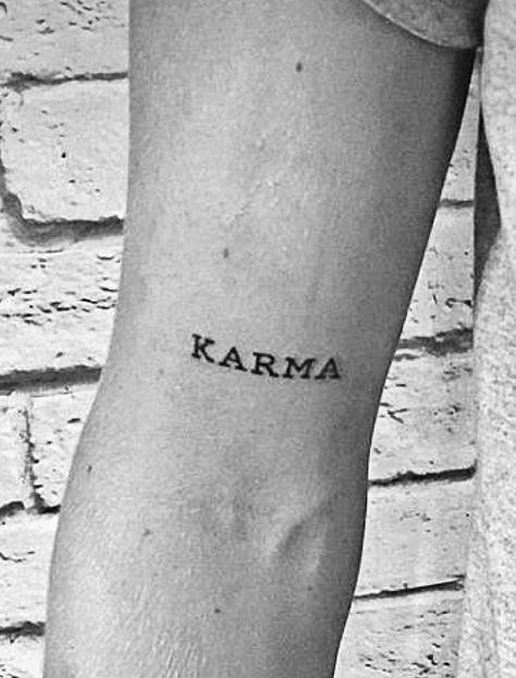 Forearm tattoo, above elbow- word KARMA in capital letters Karma Tatoos Ideas, Karma Tatoos Men, Karma Tattoo Designs Men, Tattoo Ideas Karma, Karma Tattoo For Men, Karma Tattoo Ideas, Karma Tattoo Design, Tattoo Karma, Black People Tattoos