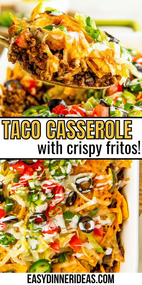 This easy taco casserole with Fritos is a layered Tex-Mex fiesta ready in just 30 minutes. With layers of seasoned ground beef, two kinds of beans, corn, melty cheese, and lots of crunchy Fritos, this casserole is an easy dinner idea that is sure to be a hit! Taco Casserole Fritos, Taco Casserole With Fritos, Casserole With Fritos, Taco Casserole Recipes, Frito Casserole, Taco Casserole With Tortillas, Frito Recipe, Easy Taco Casserole, College Meal