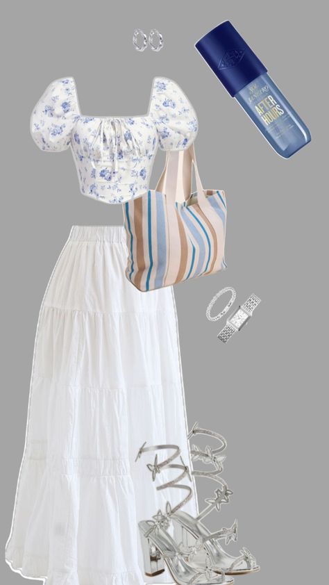 Maxi skirt, sol de janeiro, butterfly heels, silver watch, silver jewellery, floral top, beach bag, summer outfits, vacay outfits, vintage outfits, picnic outfits, date outfits Bf Selfie, Beach Date Outfit, Vintage Outfits Skirts, Mia Outfits, Picnic Date Outfits, Clean Outfits, Summer Vintage Outfits, Outfits Date, Outfits Skirts