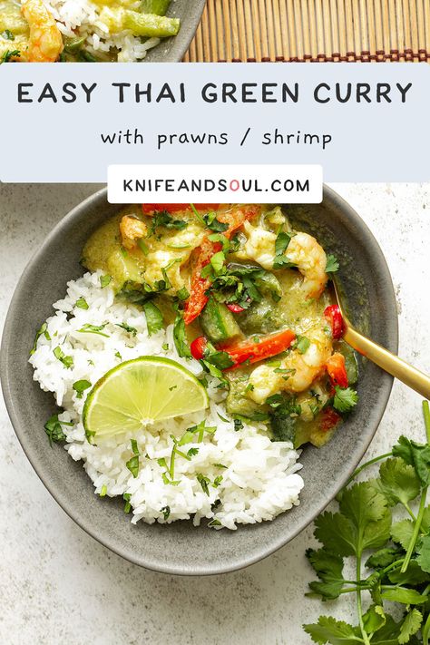 Indulge in the explosion of vibrant flavours with this easy Prawn Thai Green Curry recipe with juicy prawns/shrimp in a vibrant, spicy, and creamy coconut milk curry sauce. This easy-to-follow recipe can be whipped up in just 30 minutes, perfect for those busy days. With a generous portion of green veggies, this curry is not only delicious but also a healthy and nutritious choice. Green Prawn Curry, Green Curry Shrimp Recipes, Thai Green Prawn Curry Recipe, Shrimp Green Curry Recipes, Green Curry Recipes Thai Shrimp, Green Curry Shrimp Coconut Milk, Green Prawns Recipe, Thai Green Curry Shrimp, Curry Prawns Recipes