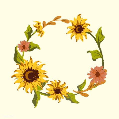 Round sunflower wreath frame vector | free image by rawpixel.com Circle Floral Frame, Sunflower Circle, Sunflower Leaf, Circular Garden, Tree Circle, Blooming Sunflower, Flowers Logo, Gold Circle Frames, Sunflower Invitations