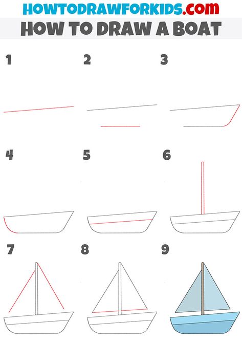 How to Draw a Boat - Easy Drawing Tutorial For Kids Boat Drawing Step By Step, How To Draw A Sailboat Step By Step, Drawing Boats Step By Step, How To Draw A Boat Easy, Easy Sailboat Drawing, Sailboat Illustration Simple, How To Draw A Boat Step By Step, How To Draw A Ship Step By Step, Sailboat Drawing Simple