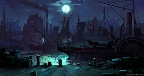 The Docks, Pavel Goloviy on ArtStation at https://www.artstation.com/artwork/rR2EXm Bg Design, Scene Art, Fantasy City, Matte Painting, Halloween Backgrounds, Animation Background, Environment Design, Medieval Fantasy, Environmental Art