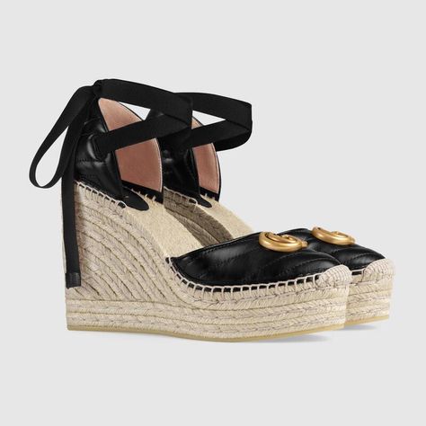 Shop the Black Leather Platform Espadrille at GUCCI.COM. Enjoy Free Shipping and Complimentary Gift Wrapping. Gucci Wedges, Gucci Espadrilles, Designer Espadrilles, Womens Espadrilles Wedges, Gucci Store, Gucci Gifts, Espadrilles Style, Women's Espadrilles, Platform Espadrilles