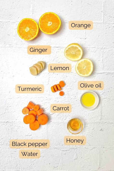 A flat lay of wellness shot ingredients including ginger turmeric orange honey carrot and olive oil. Ginger Shot Recipe, Lemon Shots, Honey Carrots, Turmeric Shots, Healthy Nutrition Plan, Ginger Shot, Wellness Shots, Lemon Olive Oil, Ginger Turmeric