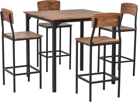 Amazon.com - HOMCOM Counter Height Bar Table Set for 4, Square Kitchen Table and Chairs Set with Footrest, Metal Legs, Industrial Dinner Table Set for 4, Walnut - Table & Chair Sets Industrial Dining Room Table, Square Kitchen Tables, Counter Height Dining Table Set, Modern Bar Table, Dining Room Industrial, Square Kitchen, Industrial Dining Table, Bar Table Sets, Dinner Table Setting