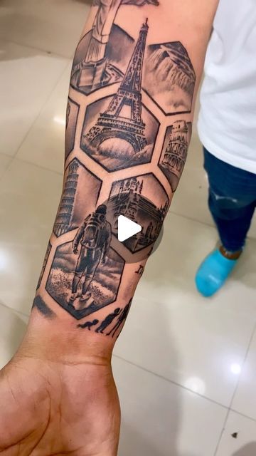 Aakash Chandani on Instagram: "Traveling around the world is something that’s difficult to describe, you have to feel it. You NEED to feel it, and, sometimes, you would like to remember that travel forever. Tattoos are the answer to your desire: the feelings you got will stay with you, on your skin. Well my client wants to explore all 7 wonders along with some places he like to travel, so I have designed his feeling into this sleeve. Was super fun 🤩 . Tattoo by @aakashchandani_ @skinmachinetat Travel The World Tattoo Ideas, Traveling Sleeve Tattoo, Travel Themed Sleeve Tattoos, Me Vs The World Tattoo, Travel Arm Sleeve Tattoo, 7 Wonders Tattoo, 7 Wonders Of The World Tattoo, Wonders Of The World Tattoo, Travel Sleeve Tattoo