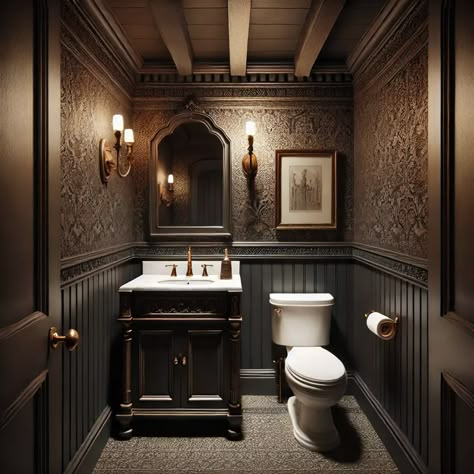 Dark Academia Restroom, Dark Vintage Bathroom, Dark Academia Bathroom, Victorian Bathroom, Bathroom Remodel Shower, Bathroom Reno, Stylish Bathroom, Apartment Decorating, Half Bath