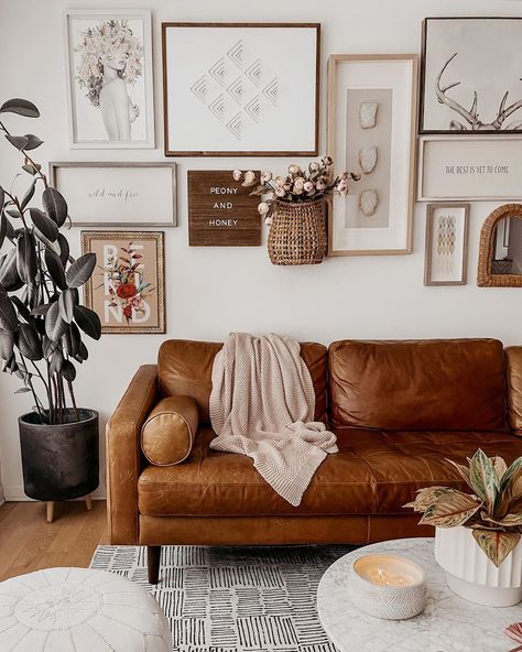 Boho living room cognac tan leather sofa gallery wall neutral home Leather Sofa Decor, Poly And Bark, Brown Leather Couch, Wall Game, Bohemian Living Rooms, Living Room Orange, Sofa Review, Leather Couch, Apartment Inspiration