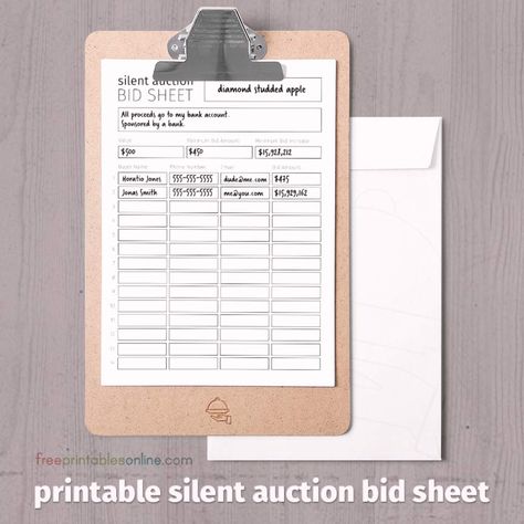 Free black and white printable silent auction bid sheet with space for auction information and bidders' details. Silent Auction Display, Silent Auction Bid Sheets, Word Processor, Auction Basket, Memo Template, Auction Baskets, Solar System Crafts, Water Bottle Labels Template, School Auction