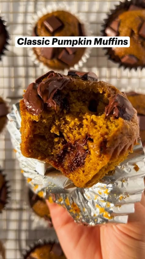 40min · 12 servings

Soft, moist, and exploding with fall flavor, these classic pumpkin muffins hit all the right notes. Made with simple pantry ingredients and incredibly easy to whip up, this is the pumpkin muffin recipe is ready in less than an hour.

Ingredients 
 • All-purpose flour
 • Light brown sugar
 • Baking soda
 • Pumpkin pie spice
 • Ground cinnamon
 • Salt
 • Semi-sweet chocolate chips
 • Eggs
 • Maple syrup
 • Unsweetened pumpkin purée
 • Unsweetened almond milk
 • Vanilla extract
 • Olive oil Pumpkin And Chocolate Chip Muffins, Halloween Simple Recipes, Easy Pumpkin Muffin Recipes, No Flour Pumpkin Muffins, Simple Pumpkin Muffins, Pumpkin Insides Recipes, Recipe For Pumpkin Muffins, Pumpkin Muffins Flourless, Pumpkin Recipes No Eggs