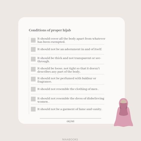 Criterias of proper hijab #muslim #islam #hijab #alhijab #muslimmen #ummah #quran #hadiths #muslimwomen #contentcreator #allah #prophetmuhammedswt #akhirah #jannah #quranverse #modesty #motivation #abaya #ethics #morals #dignity #respect Proper Hijab, Islam Hijab, Quran, Quick Saves