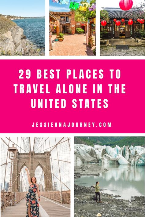 Pinterest pin that shows some of the best places to travel alone in the united states. Top Usa Travel Destinations, Solo Adventure Ideas, Best Solo Trips For Women, Solo Trips For Women, Solo Travel For Women, Vacation Alone, Safest Places To Travel, Solo Trips, Great Places To Travel