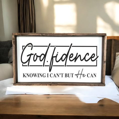 Boost your faith and confidence with our inspiring "GOD-fidence" farmhouse wood sign. This uplifting piece is perfect for creating a positive and encouraging atmosphere in your home. The rustic wood finish and empowering message will serve as a daily reminder of God's love and your own strength. Our wood signs are handcrafted with care and built to last. They make a wonderful gift for yourself or someone who needs a little extra encouragement. Create a space that fosters faith and confidence wit Faith Home Decor, Christian Wood Signs Diy, Godly Home Decor, Small Wooden Signs With Sayings, Christian Farmhouse Decor, Church Signs Inspirational, Wood Signs Sayings Inspiration, Diy Signs For The Home, Godly Home