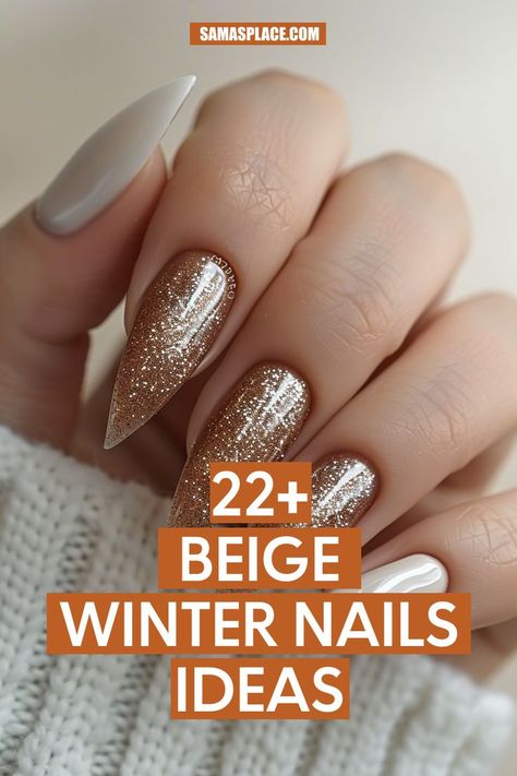 Matte beige nails with a touch of gold glitter near the cuticle for an elegant look. The pointed shape and minimal sparkle make it a refined choice for winter outings. Matte Beige Nails, Elegant Nail Art Designs Classy, Winter Nails Art, Winter Nails Ideas, Beige Nails Design, Festive Holiday Nails, Nails Art Ideas, Elegant Minimalism, Elegant Nail Art