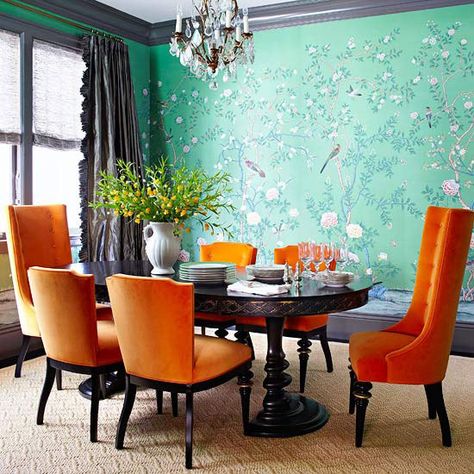 Formal Dining Rooms Orange Dining Room, Orange Chairs, Orange Rooms, Green Dining Room, Orange Chair, Chinoiserie Wallpaper, Breakfast Nooks, Chinoiserie Chic, Farmhouse Fall Decor