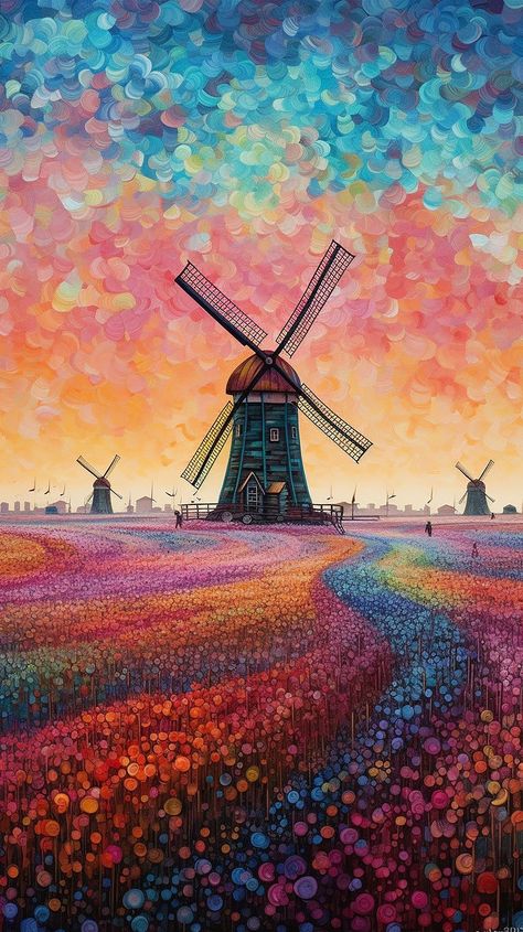 tulip Fields in Holland, windmill, art design, gemaakt van Midjourney Windmill Art Painting, Wind Mill Drawing, Windmill Drawing, Windmill Painting, Farm Windmill, Windmill Art, Holland Windmills, Dutch Heritage, Wind Mill