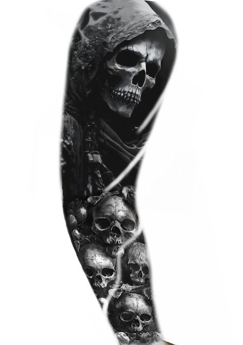 Grim Reaper And Skulls Tattoo, Dark Arm Tattoos For Guys, Skull And Angel Tattoo, Dark Arm Sleeve Tattoo, Skull Tattoo Sleeve For Men, Skull Forearm Tattoo Men, Tattoo Cover Up Ideas For Men Arm, Dark Horror Tattoo Designs, Mens Arm Sleeve Tattoos Ideas Unique