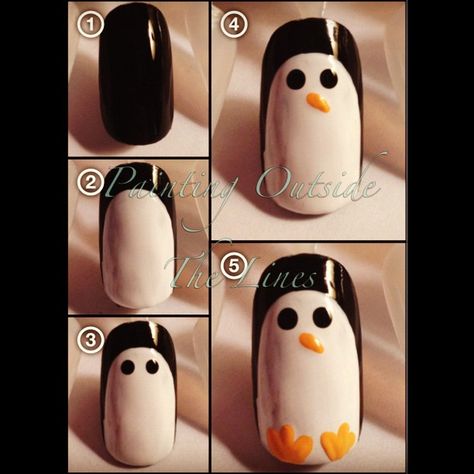 Photo by painting_outside_the_lines Penguin Nail Art, Penguin Nails, Animal Nail Art, Animal Nails, Nails For Kids, Cute Nail Art, Xmas Nails, Cute Nail Designs, Easy Nail Art