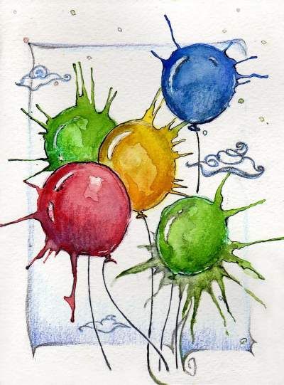 Popping Balloons | Watercolor About objects, watercolor, watercolour, blue, green, color, splash, pop, red, yellow, birthday, balloon and five Popped Balloon Drawing, Balloon Illustration Drawing, Paintings Of Balloons, Popped Balloon, Watercolor Balloons Painting, Ballon Watercolor, Watercolour Balloons, Ballon Drawing, Birthday Balloon Illustration