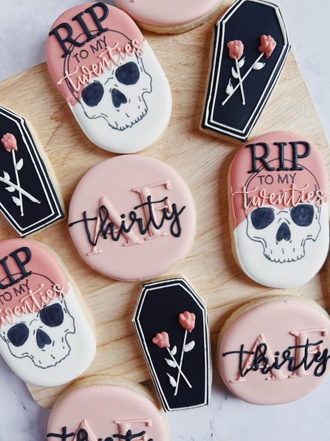 Gothic Birthday Cookies, 30th Cookies Birthday For Women, Xray Cookies, Skull Cookies Royal Icing, Rip Birthday Party Ideas, 30th Birthday Cookies For Woman, Funny Cookies Decorated, 30th Themed Birthday Party, Gothic Baking