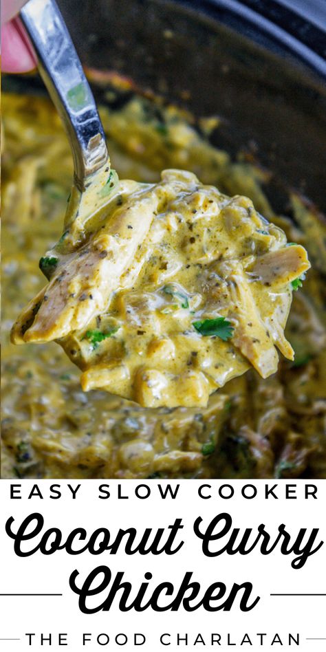 Slow Cooker Basil Chicken Coconut Curry Recipe from The Food Charlatan. This Slow Cooker Coconut Curry Chicken is one of the best curries I've ever had! The sauce starts with the coconut milk with jalapeño and red onion. It's not too spicy, but has tons of flavor! The sweetness from the coconut and the earthy tones from the yellow curry balance each other perfectly. The slow cooker makes it really easy to set it and forget it. This is a great meal for busy weeknights. Serve with rice or naan. Healthy Crockpot Dinners Clean Eating, Crockpot Green Curry Chicken, Slow Cooker Thai Basil Chicken, Crockpot Green Curry, Slow Cooker Panang Curry, Slow Cooker Indian Curry, Slow Cooker Basil Chicken Coconut Curry, Aip Slow Cooker Recipes, Whole 30 Slow Cooker Recipes