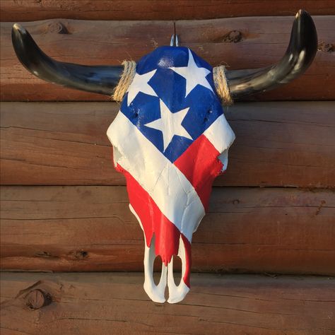 Red white and blue cow skull Cow Skull Painted, Bone Painting, Decorative Skulls, Skull Paintings, Skull Doodle, Deer Skull Decor, Horn Decor, Painted Deer Skulls, Skull Diy