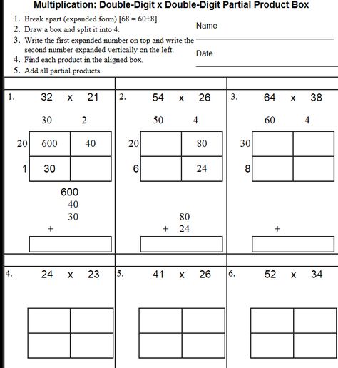 multiplication box Box Method Multiplication, Partial Product Multiplication, Area Model Multiplication, Double Digit Multiplication, 4th Grade Multiplication, Multiplication Worksheet, Partial Products, Multi Digit Multiplication, Area Model