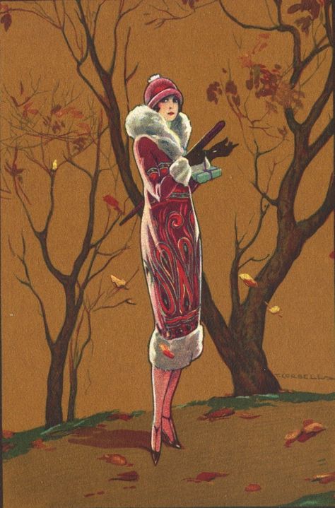 Art Deco Autumn Illustration by T. Corbella Art Deco Illustrations, Art Deco Prints, Motif Art Deco, Art Deco Lady, Autumn Illustration, Painting Picture, Deco Poster, Look Retro, Art Deco Posters