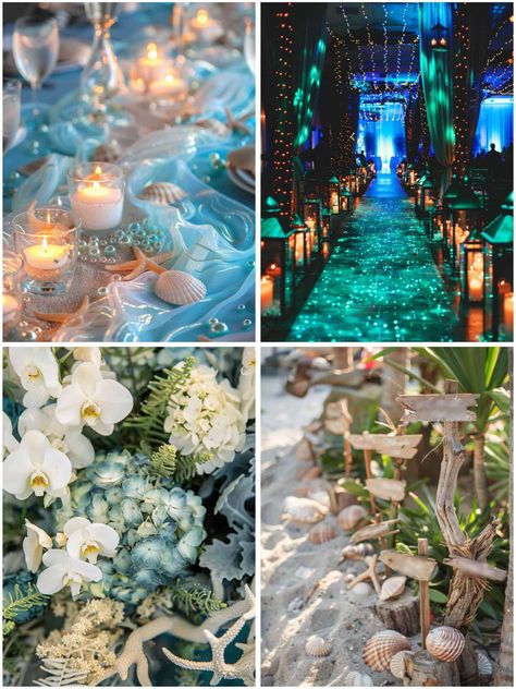 Shipwreck Wedding Theme, Ocean Theme Wedding Centerpieces, Ariel Wedding Theme, Tropical Gala, Under The Sea Wedding Theme, Mermaid Theme Wedding, Aquarium Wedding Reception, Sea Themed Wedding, Ocean Theme Wedding