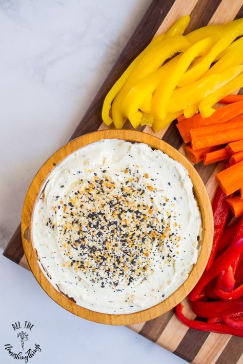 wooden bowl of everything seasoning cream cheese dip with yellow and red peppers and carrot sticks Everything Seasoning, Cream Cheese Dip, Tomato Tart, Keto Friendly Desserts, Cream Cheese Dips, Veggie Dip, Low Carb Breakfast Recipes, Low Carb Recipes Dessert, Cheese Dip