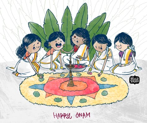 Onam Illustration, Onam Drawing, Drawing Ideas Cartoon, Happy Onam, Doodle Characters, Indian Art Gallery, Indian Folk Art, Animated Love Images, Cute Doodles Drawings