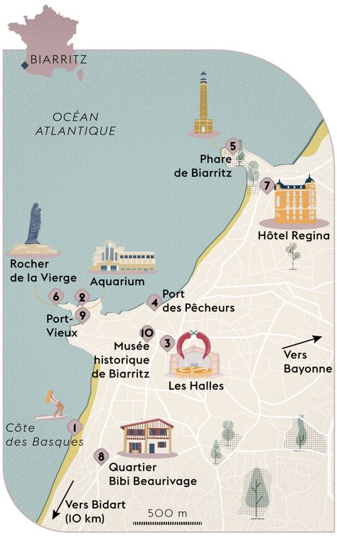 Biarritz Aesthetic, Biarritz France, Europe 2024, Fav Place, Travel France, France Map, Basque Country, Illustrated Map, Aquitaine