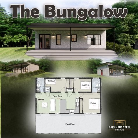 Design Your Dream Home in Just 4-6 Weeks! The Bungalow Barndominium is a beautiful 860 SF 1 story open concept with a large front patio. 3 Bedroom / 2 Bath with vaulted ceilings & tons of outdoor living. Steel Framed, like all of our plans. Full plan link below. Tired of endless house hunting? Our design process turns your vision into reality, fast. For over 200 clients, we've streamlined the design process, saving you time & money. We have 2 slots left next week for your Free 45 Minute De... 3 Bedroom 2 Bath Modular Homes, 3 Bedroom 1 Bathroom House Plans, Curved House Plans, 3 Bedroom 2 Bath Tiny House Plans, 1 Bedroom 1.5 Bath Floor Plan, 16 X 40 Floor Plans Layout 2 Bedroom, 35x40 House Plans, 3 Bedroom Modern Bungalow House Plans, 2 Bed 2 Bath Floor Plan