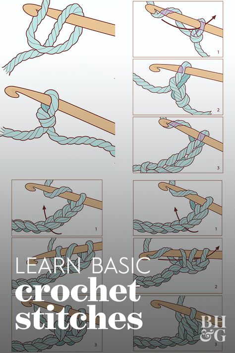 Learn how to crochet with these step-by-step diagrams for making some of the most common crochet stitches, and get started on your first crochet project today. #crochet #learnhowtocrochet #beginner #crochetstitches #tutorial #bhg Crochet Ideas For Beginners Step By Step, Learn Crochet Beginner, Crochet Stitches Symbols, Easy Beginner Crochet Patterns, Beginning Crochet, Crochet Stitches Chart, Crochet Classes, Crochet Stitches Guide, Beginner Crochet Tutorial