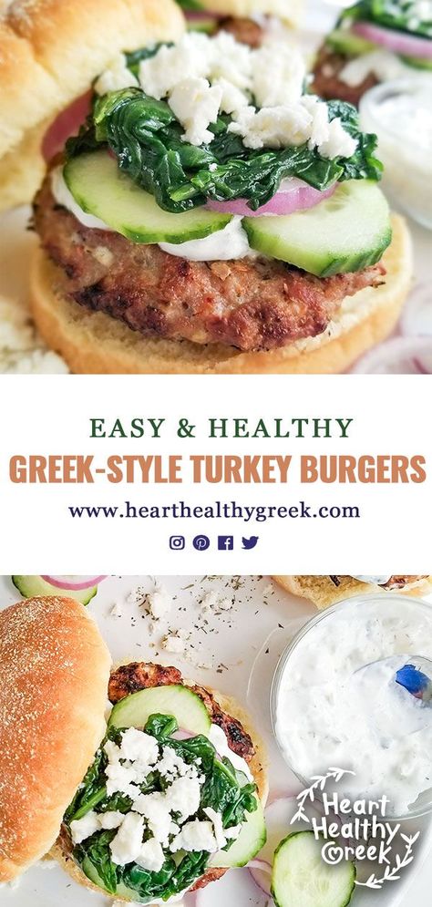 Fire up the grill, we’re making Greek-Style Turkey Burgers! Creamy tzatziki sauce, Greek spices and crisp cucumbers add a “Greek” twist to ordinary turkey burgers. Serve these up at your next back yard cookout! #turkeyburgerrecipes #greekburgers #burgerrecipes #greekrecipes Greek Burgers, Healthy Greek Recipes, Greek Burger, Greek Spices, Greek Turkey, Homemade Tzatziki Sauce, Vegetarian Barbecue, Easy Mediterranean Diet Recipes, Turkey Burger Recipes