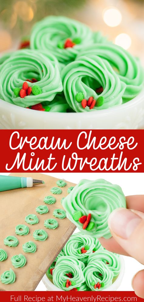 cream cheese mints Easy Xmas Dessert, Cream Cheese Mint, Unique Christmas Desserts, Cheese Wreath, Cream Cheese Mints Recipe, Fun Holiday Food, Cream Cheese Mints, Butter Mints, Peppermint Cream