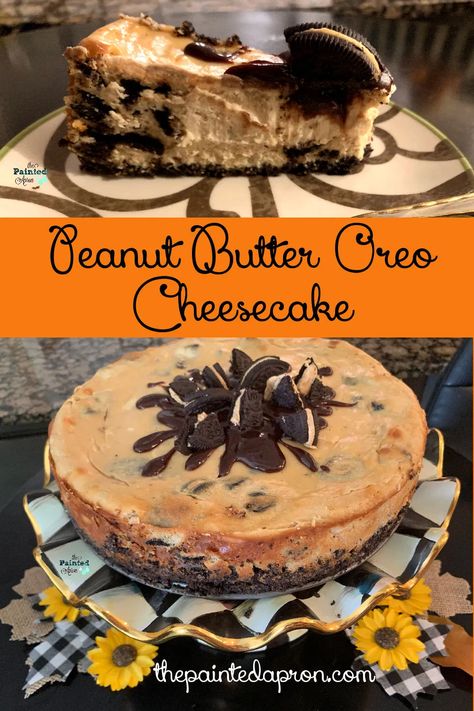 Peanut Butter Oreo Cheesecake, Dark Chocolate Peanut Butter Cheesecake, Peanut Butter Cheesecake With Oreo Crust, Easy Chocolate Cheesecake Peanutbutter Pie, Brownie Bottom Peanut Butter Cheesecake, Oreo Cheesecake 9x13 Pan, Peanut Butter Cheesecake Recipes, Painted Apron, Peanut Butter Oreo