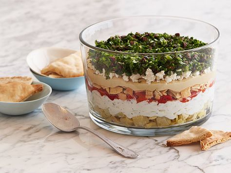 Food Network Kitchen's Seven-Layer Vegetarian Greek Dip Recipe 7 Layer Greek Dip, Mediterranean Dips, Greek Dip Recipes, Greek Layer Dip, Dip Food, Greek Dip, Colorful Veggies, Creamy Hummus, Food Dolls