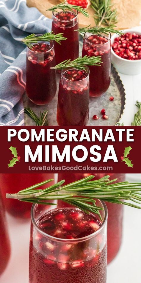 Pomegranate Mimosa pin collage Christmas Brunch Drinks, Pomegranate Mimosa, Pomegranate Cocktails, Mimosa Recipe, Brunch Drinks, Seasonal Drinks, Delicious Drink Recipes, Mixed Drinks Recipes, Christmas Brunch