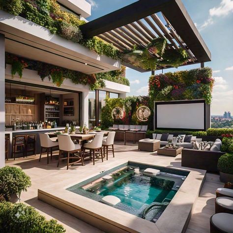 Rooftop Deck With Pool, Rooftop Terrace Design With Pool, Jacuzzi And Pool Outdoor, Rooftop Jacuzzi Ideas, Luxury Terrace Design, Rooftop Terrace Design Penthouses, Rooftop Terrace Pool, Rooftop Pool Design, Penthouse Terrace Ideas